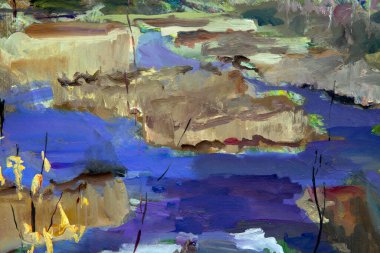 Resmedilmeye değer bir bahar şehri. Ön planda, arka plandaki evlerde erimiş buz yerine, kıyılar boyunca çıplak ağaçlar ve kurumuş sazlıklar olan bir nehir var..