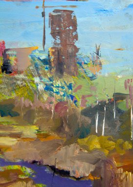 Resmedilmeye değer bir bahar şehri. Ön planda, arka plandaki evlerde erimiş buz yerine, kıyılar boyunca çıplak ağaçlar ve kurumuş sazlıklar olan bir nehir var..