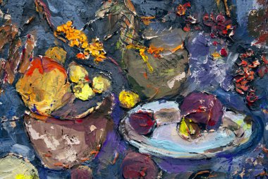 Resimli bir natürmortun parçaları macun ve akrilik kullanarak karışık bir teknikte üretilmiştir. Rowan dalları ve böğürtlenleri mavi arka plan ve kırmızı ve sarı elmalarla uyumlu bir şekilde birleştirilmiştir.