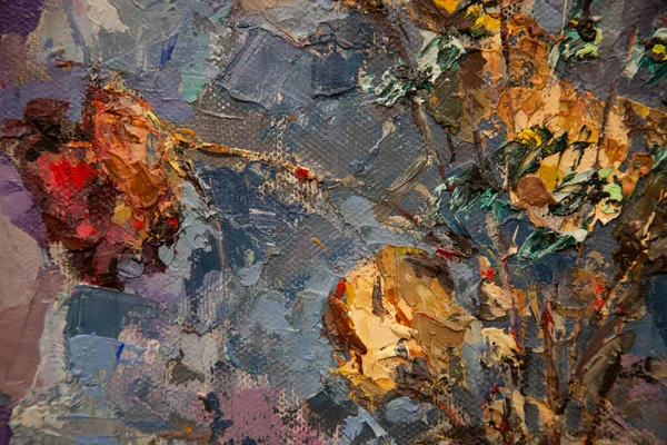 Фрагмент Живописного Натюрморта Букетом Сушеных Цветов Глиняном Кувшине Выполнен Пастообразной — стоковое фото