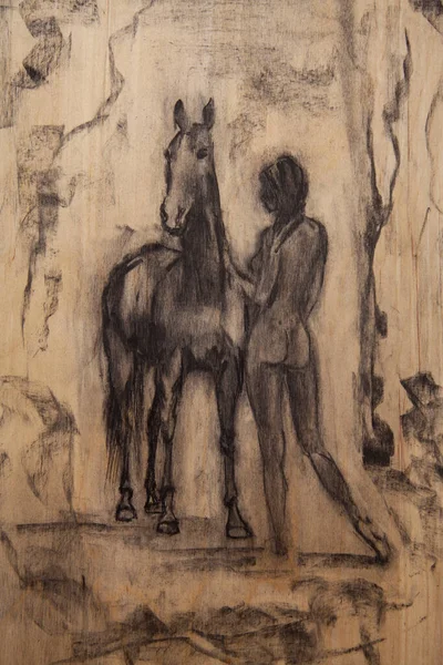Malebná Malba Koně Nahé Dívky Stojící Zády Kůň Podává Ruku — Stock fotografie