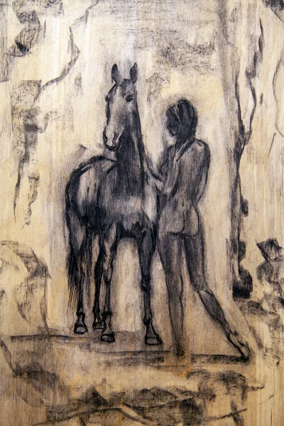 Pittoresco Dipinto Cavallo Una Ragazza Nuda Piedi Con Schiena Cavallo — Foto Stock