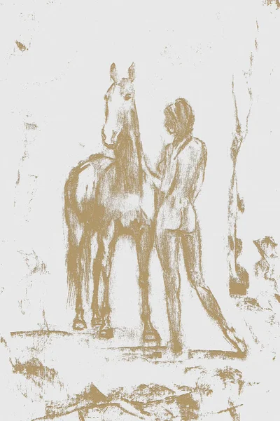 Uma Pintura Pitoresca Cavalo Menina Nua Com Costas Cavalo Está — Fotografia de Stock