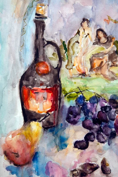 Фрагмент Натюрморта Состоящий Бутылки Тарелки Узором Груши Винограда Граната Разноцветные — стоковое фото