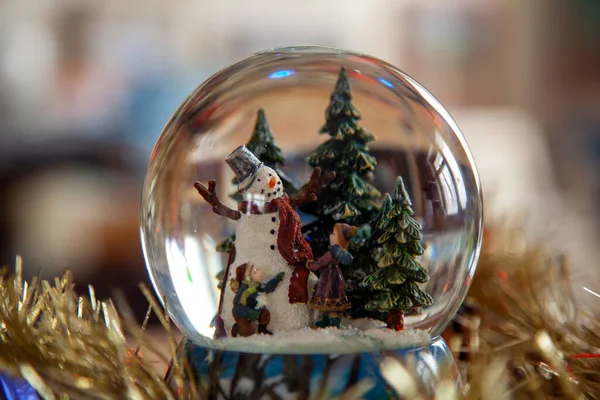 Glass Christmas Ball Toys Snowman Christmas Tree Boy Grl Close — Stock Photo, Image