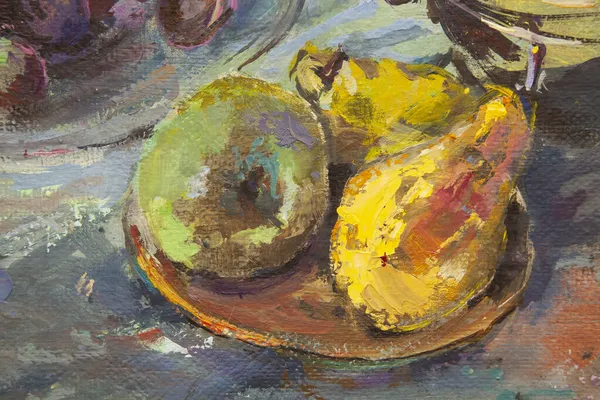 Resmin bir parçası hala kömürle yapılıyor. kompozisyonun ortasında bir semaver, sağda bir çaydanlık, solda elmalı bir tabak. Etrafta bir fincan, limon ve biber var..