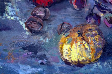 Resmin bir parçası hala kömürle yapılıyor. kompozisyonun ortasında bir semaver, sağda bir çaydanlık, solda elmalı bir tabak. Etrafta bir fincan, limon ve biber var..