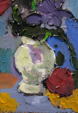 Laleler ve zambaklarla dolu, resimli bir hayatın parçası. Bir ışık vazosu koyu yaprakların arka planına karşı bir karşıtlık yaratır. İnfazın hacim tekniği hareketin etkisini yaratır.