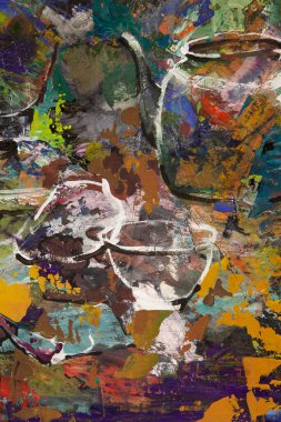 Bir armut, bir çaydanlık, bir semaver, bir elma tabağı, bir fincan ve bir patlıcan ile resmedilmiş soyut bir hayat. Yağlı boya resim.. 