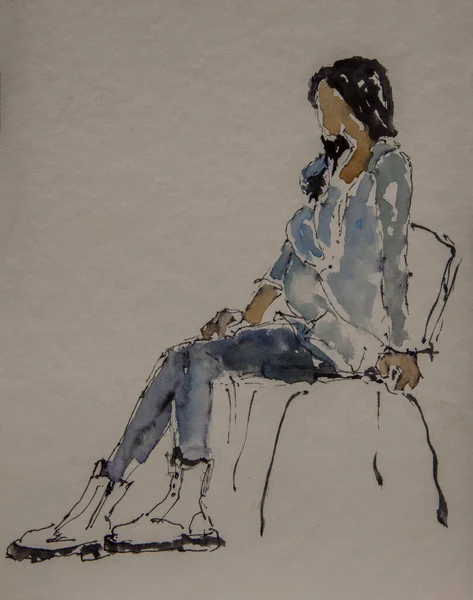Sketch Young Brunette Girl Blue Jeans Blue Blouse Sitting Chair — 图库照片