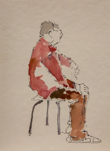 Náčrt Staršího Muže Sedícího Bokem Židli Hnědých Kalhotách Červené Košili — Stock fotografie
