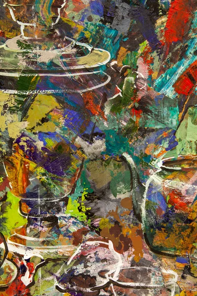 ティーポット サモバール リンゴ カップ ナスと絵のような抽象的な静物画の断片 — ストック写真