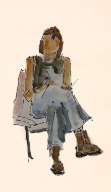 Koyu renk kotlu, siyah tişörtlü, sandalyede oturan ve jöle kalem ve suluboya ile bir şeyler yazan genç bir kızın robot resmi..