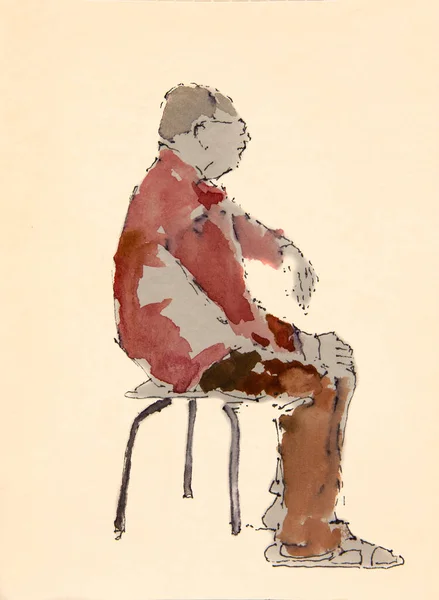 Sketch Elderly Man Sitting Sideways Chair Wearing Brown Trousers Red — Stock Photo, Image
