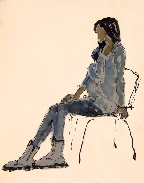 Sketch Young Black Hear Girl Blue Jeans Blue Blouse Sitting — 图库照片