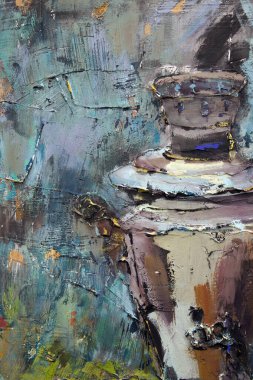 Fragment of a picturesque still life is made in a pasty technique, which conveys the volume and movement of objects. A samovar, a teapot, fruits and vegetables will harmoniously complement each other.