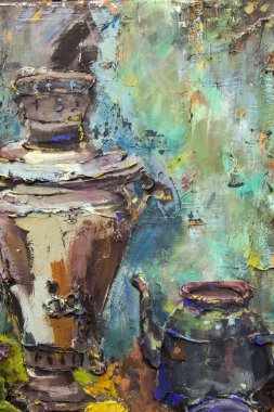 Fragment of a picturesque still life is made in a pasty technique, which conveys the volume and movement of objects. A samovar, a teapot, fruits and vegetables will harmoniously complement each other.