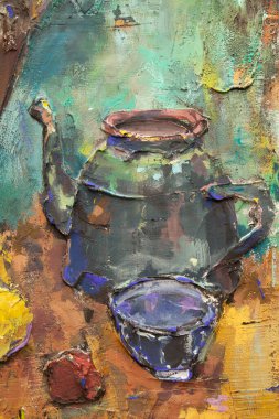 Fragment of a picturesque still life is made in a pasty technique, which conveys the volume and movement of objects. A samovar, a teapot, fruits and vegetables will harmoniously complement each other.