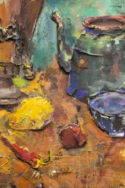 Fragment of a picturesque still life is made in a pasty technique, which conveys the volume and movement of objects. A samovar, a teapot, fruits and vegetables will harmoniously complement each other.