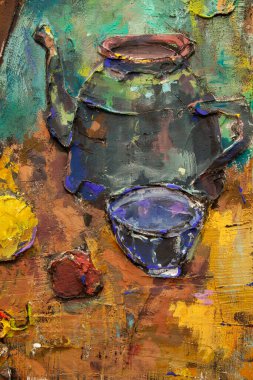 Fragment of a picturesque still life is made in a pasty technique, which conveys the volume and movement of objects. A samovar, a teapot, fruits and vegetables will harmoniously complement each other.