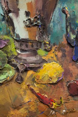 Fragment of a picturesque still life is made in a pasty technique, which conveys the volume and movement of objects. A samovar, a teapot, fruits and vegetables will harmoniously complement each other.