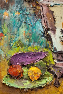 Fragment of a picturesque still life is made in a pasty technique, which conveys the volume and movement of objects. A samovar, a teapot, fruits and vegetables will harmoniously complement each other.