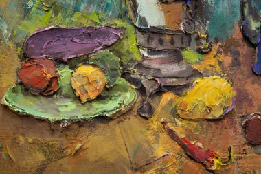 Fragment of a picturesque still life is made in a pasty technique, which conveys the volume and movement of objects. A samovar, a teapot, fruits and vegetables will harmoniously complement each other.