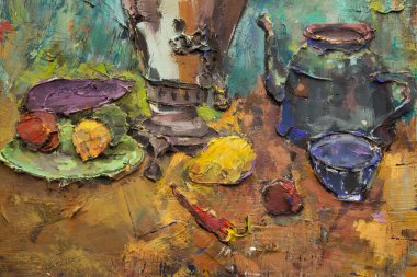 Fragment of a picturesque still life is made in a pasty technique, which conveys the volume and movement of objects. A samovar, a teapot, fruits and vegetables will harmoniously complement each other.