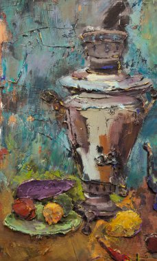 Fragment of a picturesque still life is made in a pasty technique, which conveys the volume and movement of objects. A samovar, a teapot, fruits and vegetables will harmoniously complement each other.