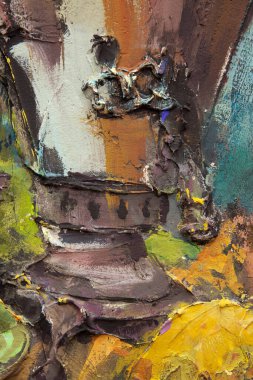 Fragment of a picturesque still life is made in a pasty technique, which conveys the volume and movement of objects. A samovar, a teapot, fruits and vegetables will harmoniously complement each other.