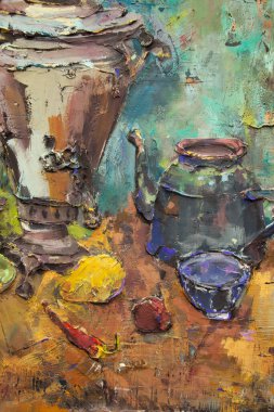 Fragment of a picturesque still life is made in a pasty technique, which conveys the volume and movement of objects. A samovar, a teapot, fruits and vegetables will harmoniously complement each other.