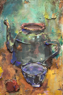 Fragment of a picturesque still life is made in a pasty technique, which conveys the volume and movement of objects. A samovar, a teapot, fruits and vegetables will harmoniously complement each other.