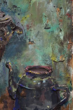 Fragment of a picturesque still life is made in a pasty technique, which conveys the volume and movement of objects. A samovar, a teapot, fruits and vegetables will harmoniously complement each other.