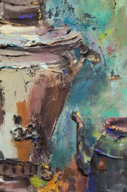 Fragment of a picturesque still life is made in a pasty technique, which conveys the volume and movement of objects. A samovar, a teapot, fruits and vegetables will harmoniously complement each other.