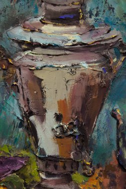 Fragment of a picturesque still life is made in a pasty technique, which conveys the volume and movement of objects. A samovar, a teapot, fruits and vegetables will harmoniously complement each other.