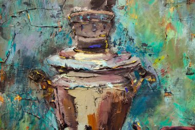 Fragment of a picturesque still life is made in a pasty technique, which conveys the volume and movement of objects. A samovar, a teapot, fruits and vegetables will harmoniously complement each other.