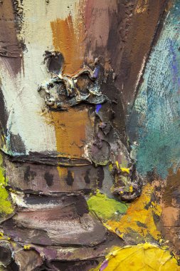 Fragment of a picturesque still life is made in a pasty technique, which conveys the volume and movement of objects. A samovar, a teapot, fruits and vegetables will harmoniously complement each other.