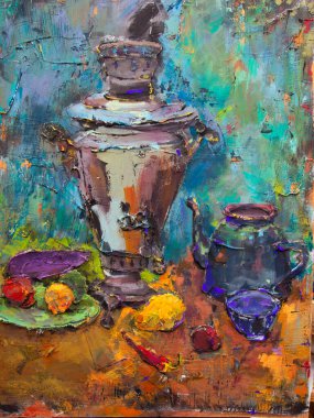 the picturesque still life is made in a pasty technique, which conveys the volume and movement of objects. A samovar, a teapot, fruits and vegetables will harmoniously complement each other.