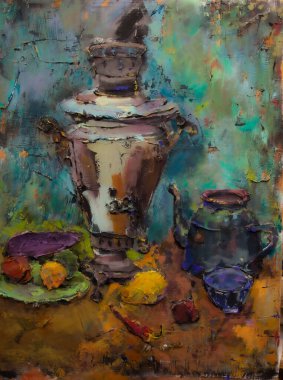 the picturesque still life is made in a pasty technique, which conveys the volume and movement of objects. A samovar, a teapot, fruits and vegetables will harmoniously complement each other.