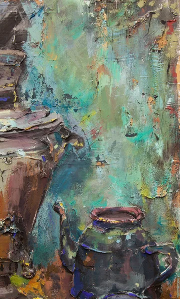 Fragment of a picturesque still life is made in a pasty technique, which conveys the volume and movement of objects. A samovar, a teapot, fruits and vegetables will harmoniously complement each other.
