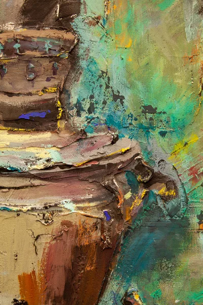 Fragment of a picturesque still life is made in a pasty technique, which conveys the volume and movement of objects. A samovar, a teapot, fruits and vegetables will harmoniously complement each other.