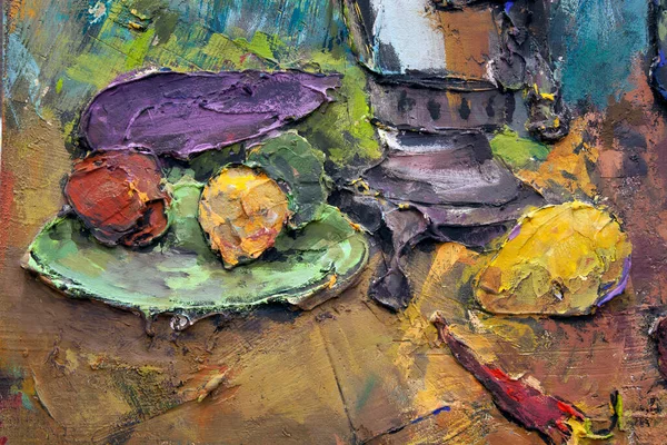 Fragment of a picturesque still life is made in a pasty technique, which conveys the volume and movement of objects. A samovar, a teapot, fruits and vegetables will harmoniously complement each other.