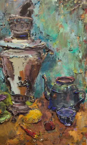 Fragment of a picturesque still life is made in a pasty technique, which conveys the volume and movement of objects. A samovar, a teapot, fruits and vegetables will harmoniously complement each other.