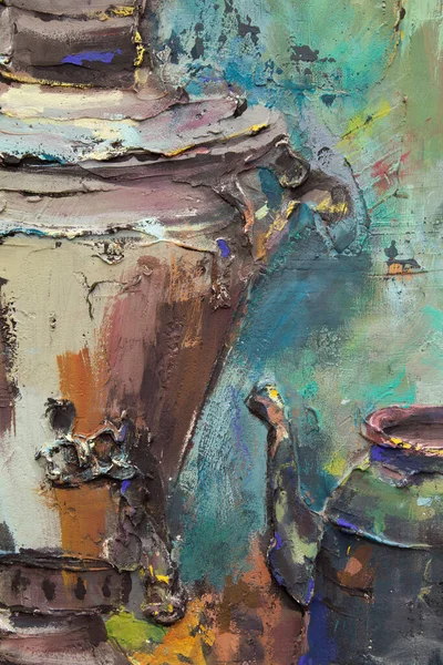 Fragment of a picturesque still life is made in a pasty technique, which conveys the volume and movement of objects. A samovar, a teapot, fruits and vegetables will harmoniously complement each other.