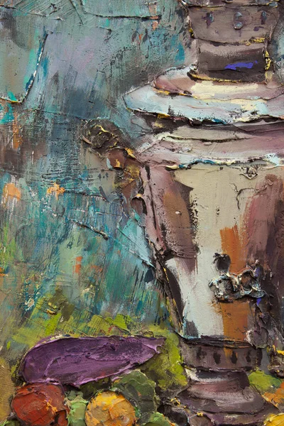 Fragment of a picturesque still life is made in a pasty technique, which conveys the volume and movement of objects. A samovar, a teapot, fruits and vegetables will harmoniously complement each other.