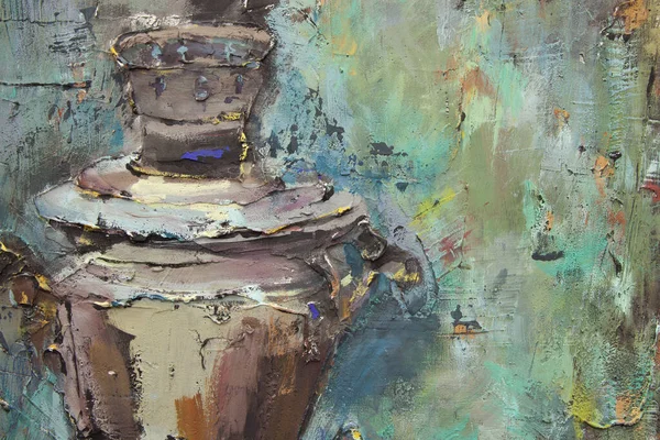 Fragment of a picturesque still life is made in a pasty technique, which conveys the volume and movement of objects. A samovar, a teapot, fruits and vegetables will harmoniously complement each other.