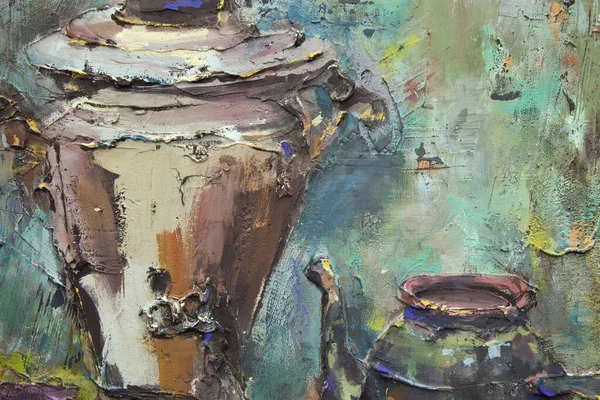 Fragment of a picturesque still life is made in a pasty technique, which conveys the volume and movement of objects. A samovar, a teapot, fruits and vegetables will harmoniously complement each other.