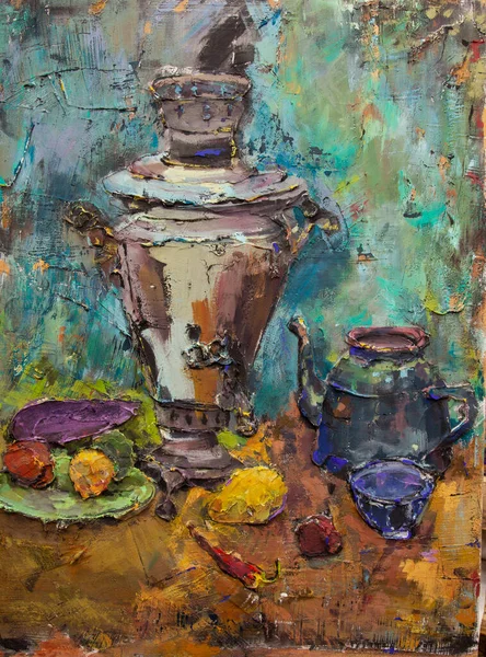 the picturesque still life is made in a pasty technique, which conveys the volume and movement of objects. A samovar, a teapot, fruits and vegetables will harmoniously complement each other.