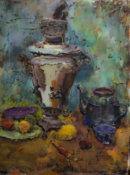the picturesque still life is made in a pasty technique, which conveys the volume and movement of objects. A samovar, a teapot, fruits and vegetables will harmoniously complement each other.