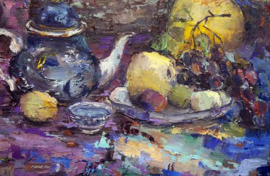 Bir Gürcü sürahisi, bir oryantal vazo, bir çaydanlık, meyve ve renk beneklerini uyumlu bir şekilde tamamlayan resimli natürmort bir yaşam..